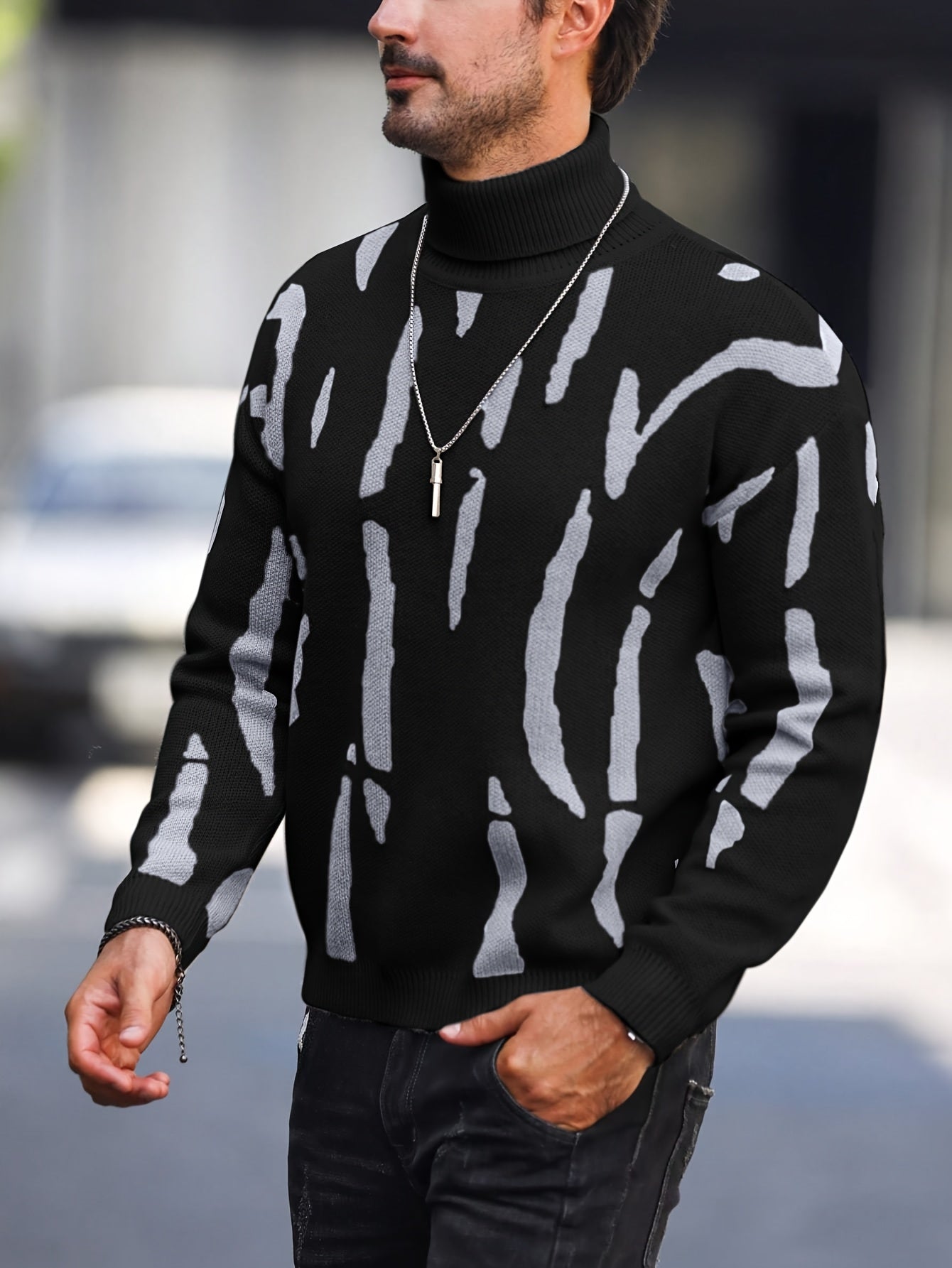 Men's Zebra Stripe Knit Sweater - High Neck Winter Pullover with Zebra Stripes, Warm Casual Sweaters for Weather, Hand Washable Fall/Winter Wardrobe Essential (Regular Fit) - ayq