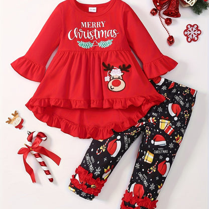 2pcs Elk Embroidered Long Sleeve Dresses + Christmas Hat Gift Box Random Full Print Side Pants Set Cute Party Outfit for Girls, for Outdoor