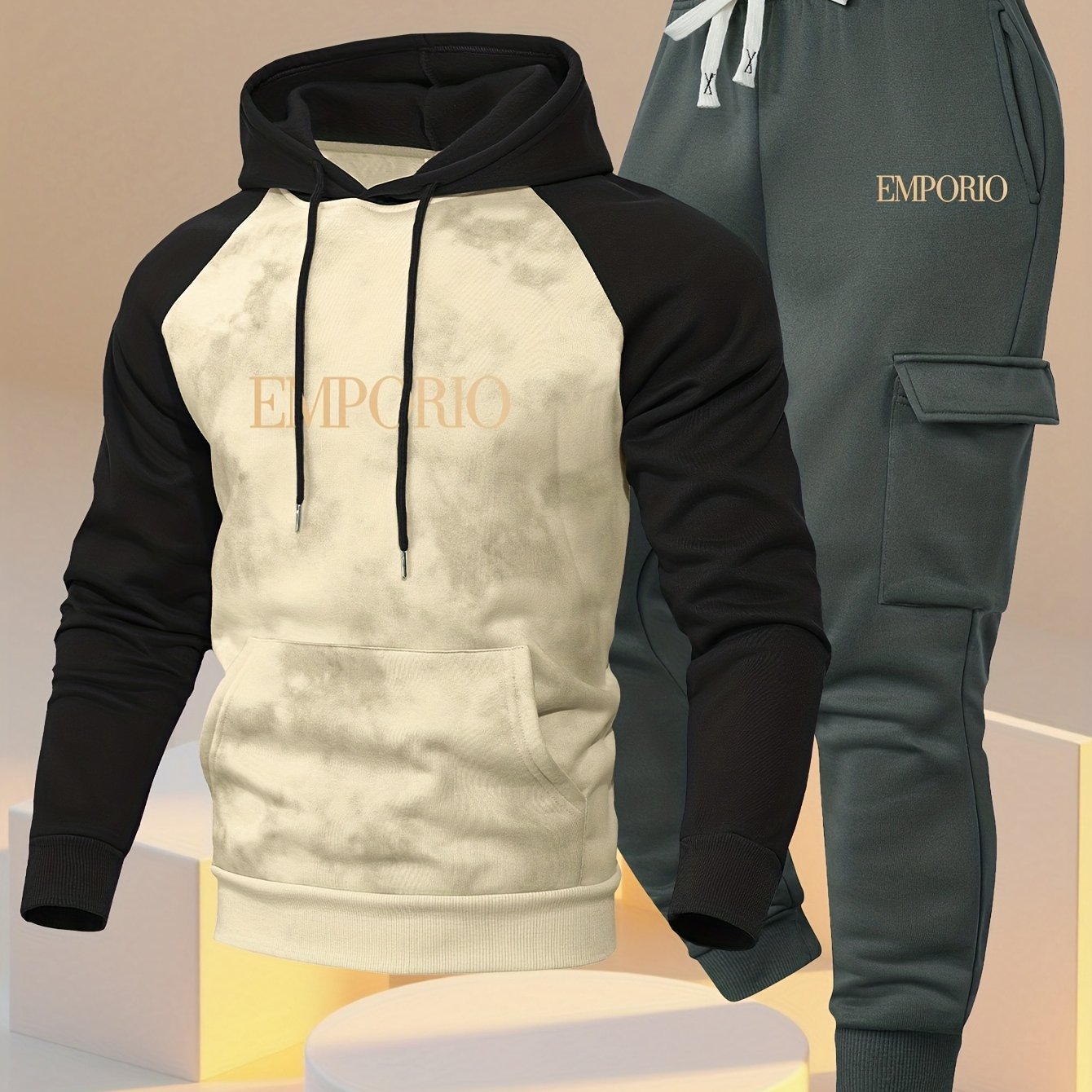 New Trendy Fashion Raglan Sleeve Colorblock Hoodie and Loose Cuffed Drawstring Cargo Pants with Multiple Pockets, Casual Daily Comfortable Versatile Breathable Hooded Sweatshirt and Loose Long Pants 2pcs Set with Stylish Prin