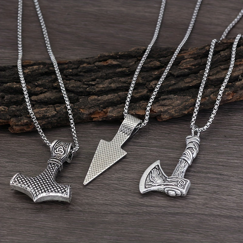 3 Pieces Of Men's Viking Necklace - Viking Hammer Nordic Compass Celtic Knot Wolf Axe Pendant Nordic Amulet Pendant Necklace Holiday Jewelry Gift