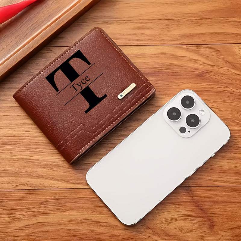 1pc Men's Business Style Faux Leather Wallet, Customizable Text and Initials, Solid Color Faux Leather with Contrast Accents, Compact Short Bifold Design for Easy Carrying - Perfect Birthday Gift for Boyfriend and Father, Per