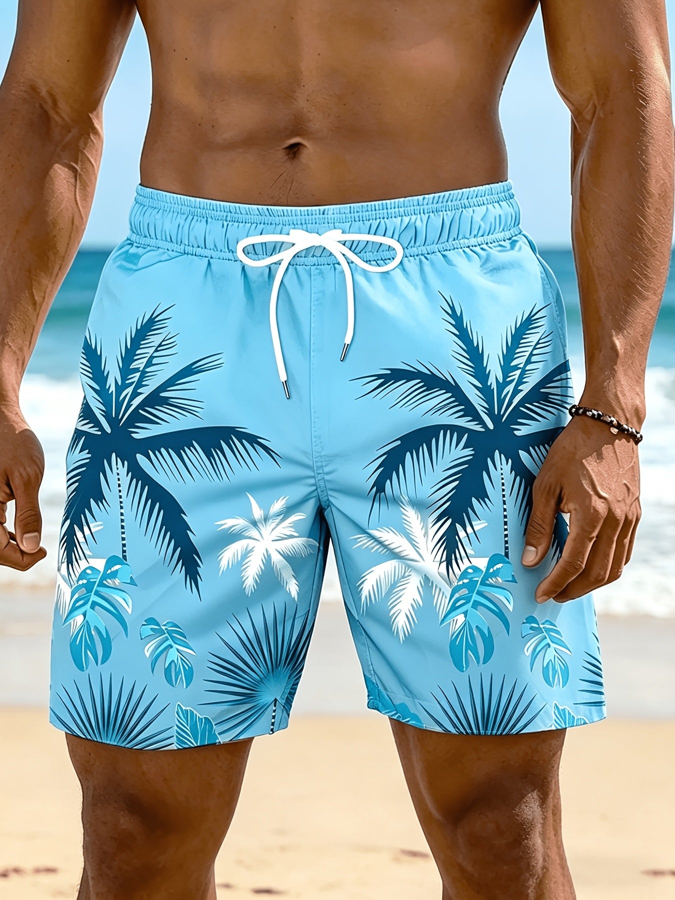 Plus Size Men's Palm Tree Print Beach Shorts, Breathable Polyester
