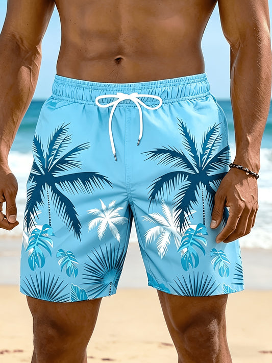 Plus Size Men's Palm Tree Print Beach Shorts, Breathable Polyester