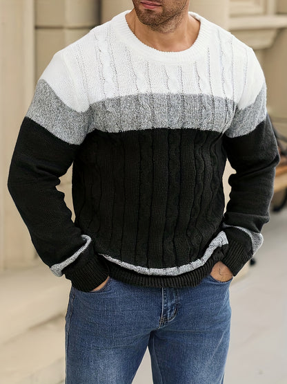 Men's Autumn/Winter Casual Color-Block Twist-Knit Pullover Sweater