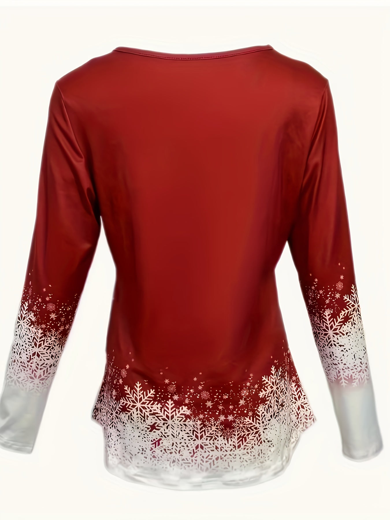 Plus Size, Women's Plus Size Christmas Print V-Neck Sweater Dress Shirt - Red & White Snowflake & Tree Pattern Long Sleeve Blouse, Casual Winter Holiday Party Outfit, Machine Washable Festive Top