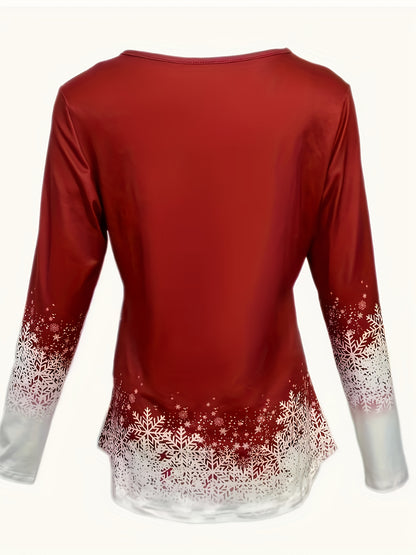 Plus Size, Women's Plus Size Christmas Print V-Neck Sweater Dress Shirt - Red & White Snowflake & Tree Pattern Long Sleeve Blouse, Casual Winter Holiday Party Outfit, Machine Washable Festive Top