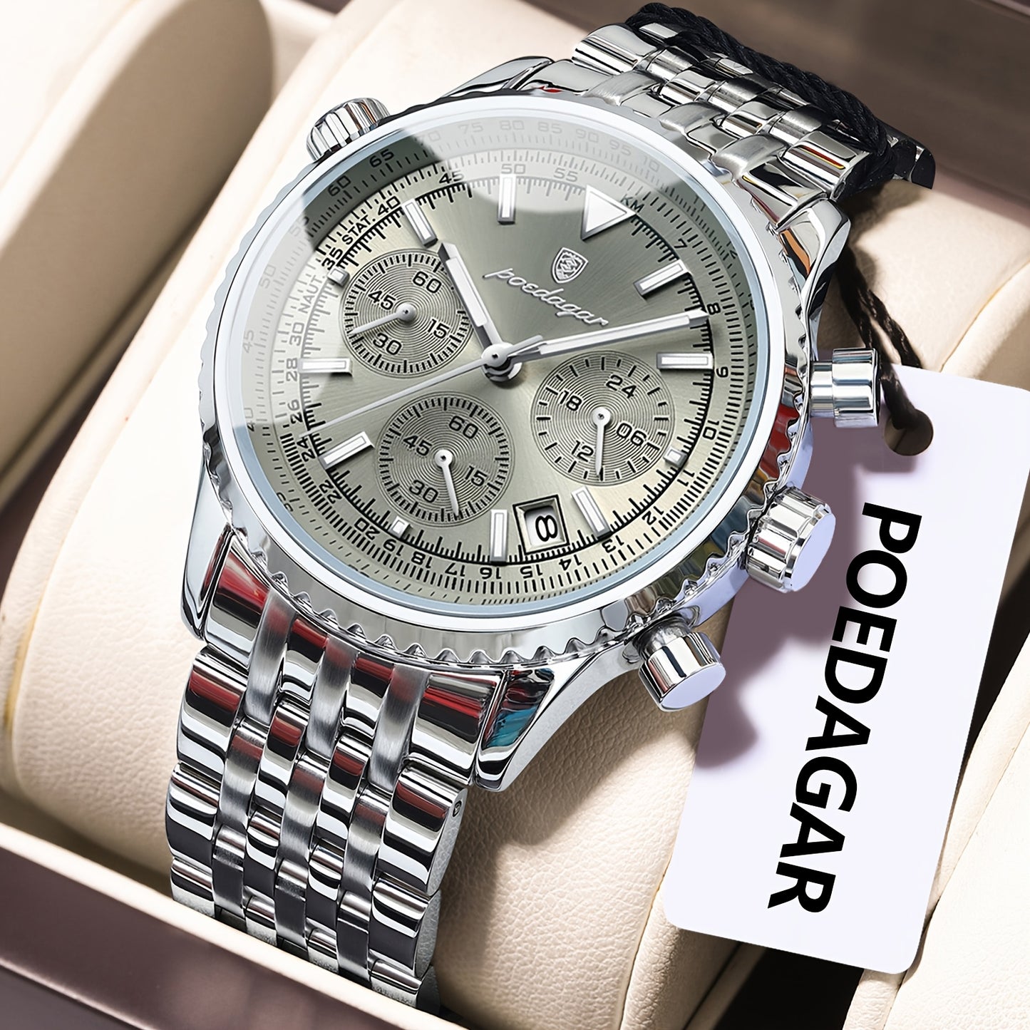 Luxury Stainless Steel Chronograph Watch with Green Dial