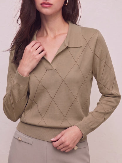 Elegant Women's Polo Neck Argyle Sweater with Loose Fit
