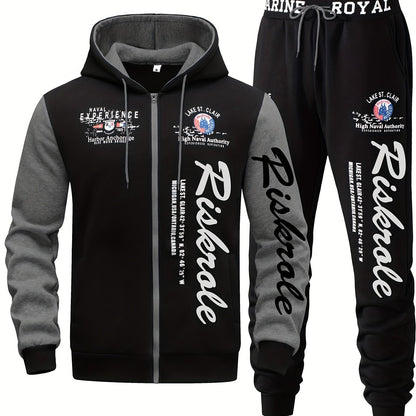 Men's Hooded Letter Print Tracksuit, 2pcs Casual Sports Set, Fashion Hoodie With Full-zip And Elastic-waist Pants, Regular Fit, Outdoor Cloth