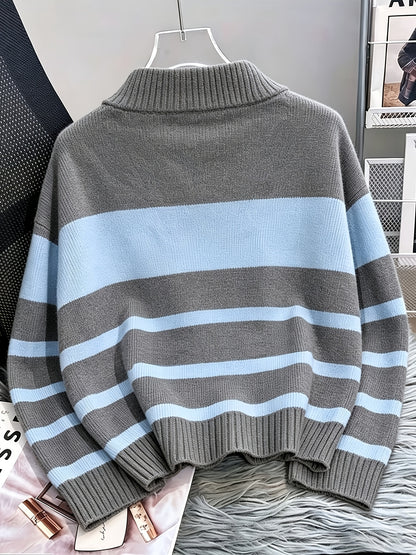 Women's Striped Zip-Up Sweater with Thickened Inner Layer