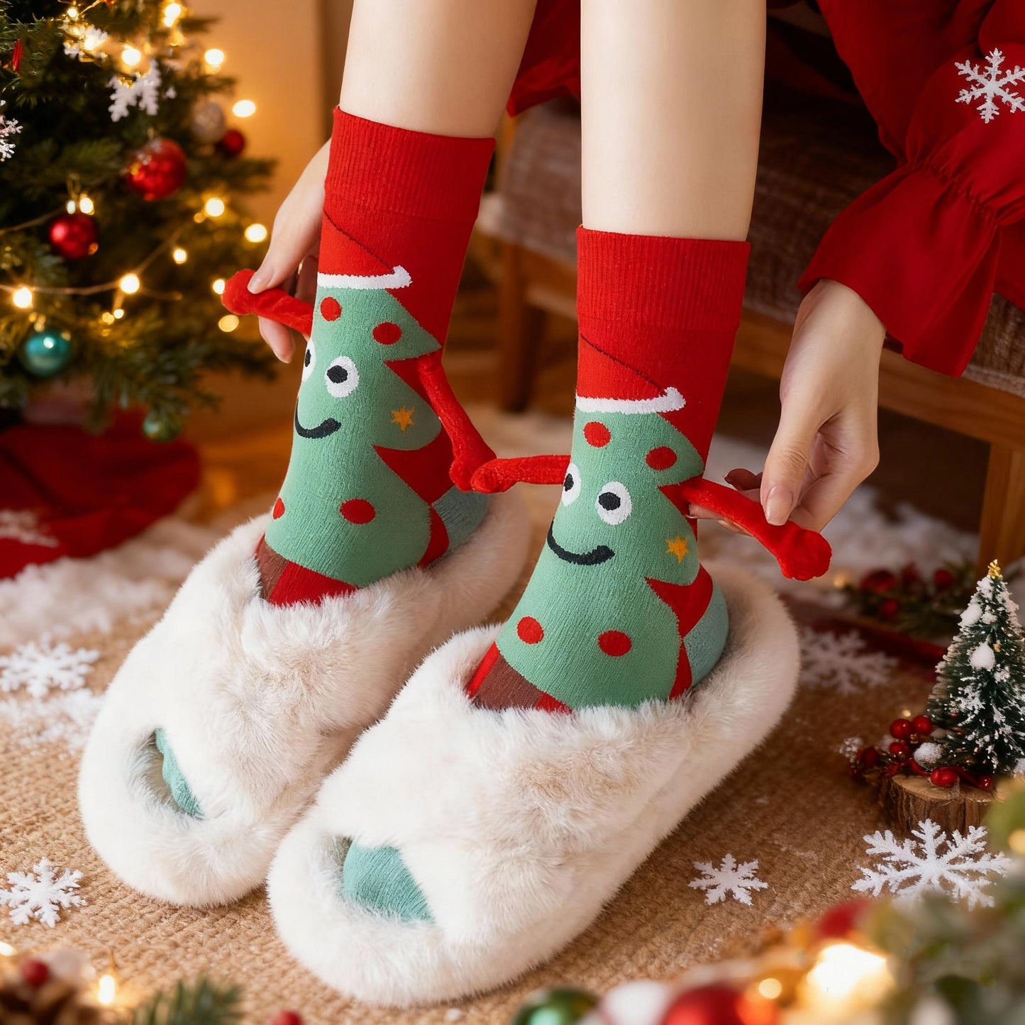 2-Pack Christmas Magnetic Holding Socks Women's Mid-Calf Socks(Tree, Santa) Winter Cute Couple Socks Unisex Meets Xmas, Halloween wear, warmth& gifting needs Magnetic, versatile Suitable for Xmas costumes, Halloween looks, wi