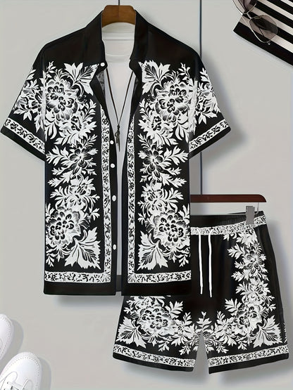 Men'S Two Sets of Floral Print Casual Button-Up + Drawstring Sports Shorts Two-Piece Hawaiian Beach Sports Styl