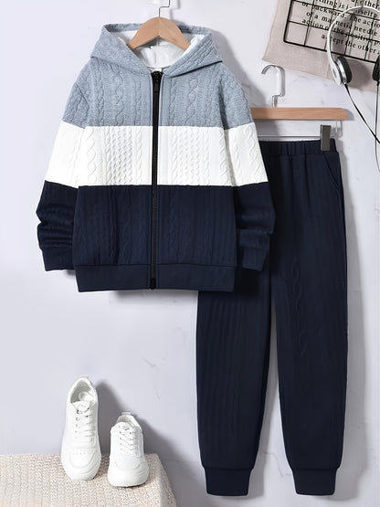 Youth 's Fashion Thickened Jacquard Fabric Grey White Navy Contrast Stitched Hoodie Sweatshirt + Comfortable Drawstring Casual Pants Two-Piece Set, Perfect for Outdoor Activities, Perfect for Outdoor