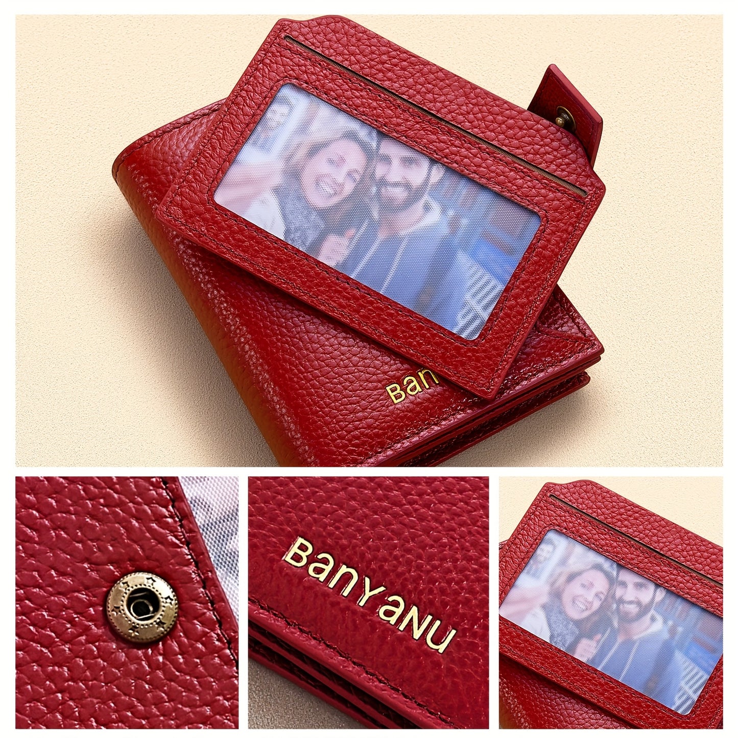 BANYANU Women'S Genuine Faux Leather Wallet - Red Lychee Grain Texture, Multi-Card Slots, Zippered Coin Pocket, Detachable ID Window, Compact Design for Everyday Use, Secure Coin Storage | Stylish Wallet | Synthetic