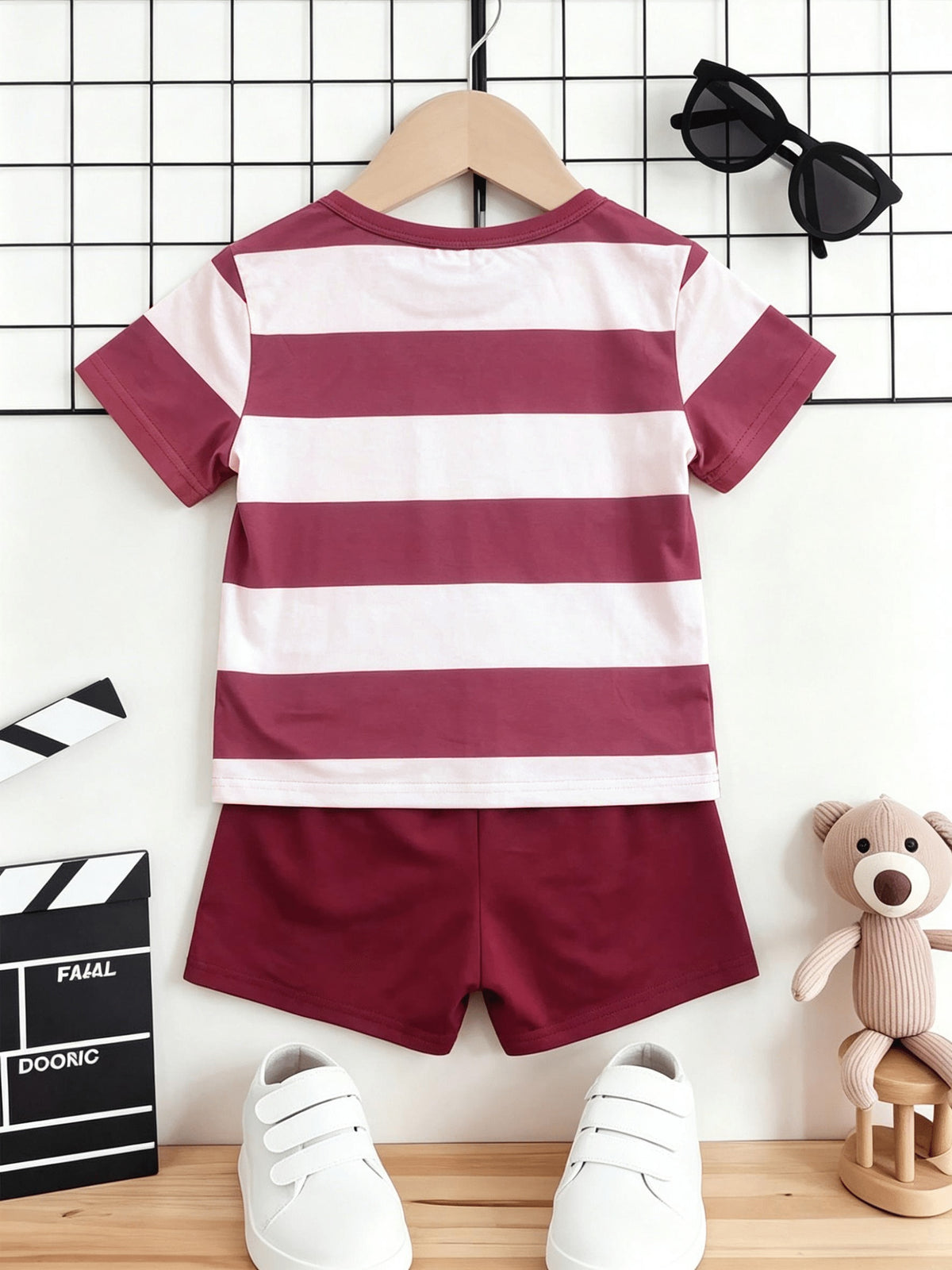 Boys Summer Casual Blue White Stripe Short Sleeve T-Shirt & Shorts Set - ayq