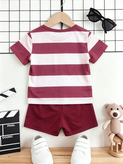 Boys Summer Casual Blue White Stripe Short Sleeve T-Shirt & Shorts Set - ayq