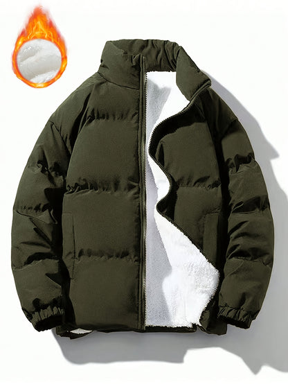 Yilong OBM Men's 2025 Fleece-Lined Winter Coat - Stand Collar Padded Insulation, Machine Washable Polyester, Solid Color Casual Jacket with Zipper Closure for Cold Weather, Winter Jacket, Outdoor Clothing, Minimalist Design,