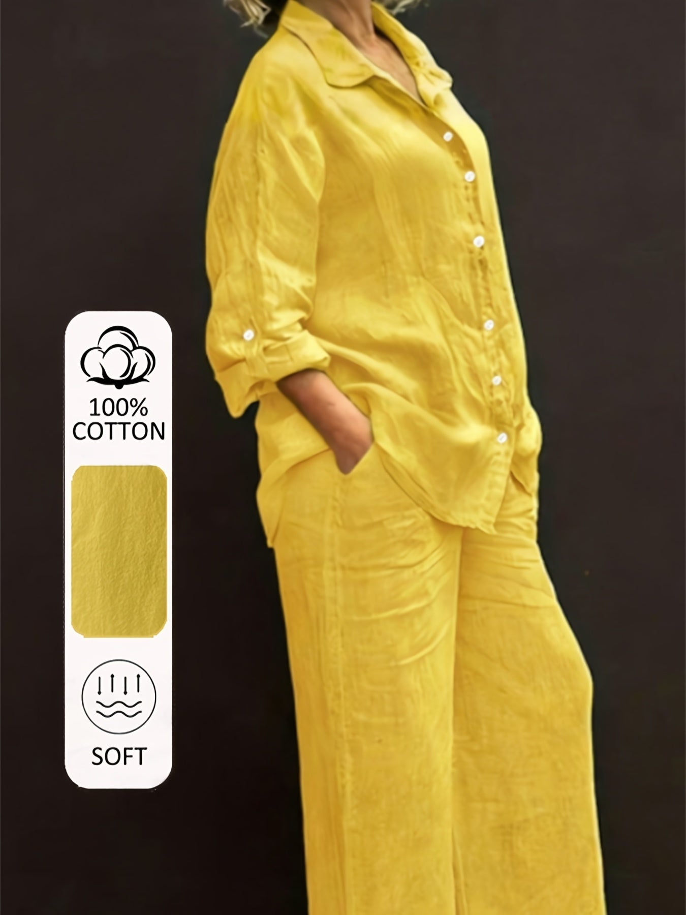 Women’s Casual Cotton Long-Sleeve Top & Wide-Leg Trousers Set