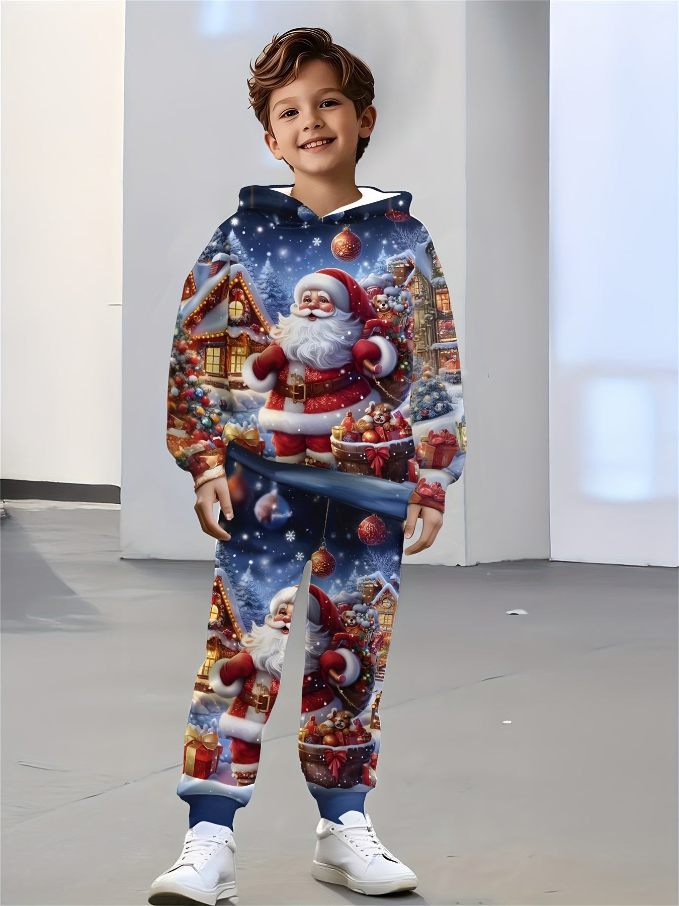 Boys' Digital Print Hooded Sweatshirt and Sweatpants Set - Christmas Hooded Pullover and Long Pants Two-Piece Set, Perfect for Outdoor