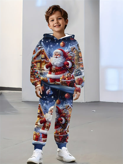 Boys' Digital Print Hooded Sweatshirt and Sweatpants Set - Christmas Hooded Pullover and Long Pants Two-Piece Set, Perfect for Outdoor