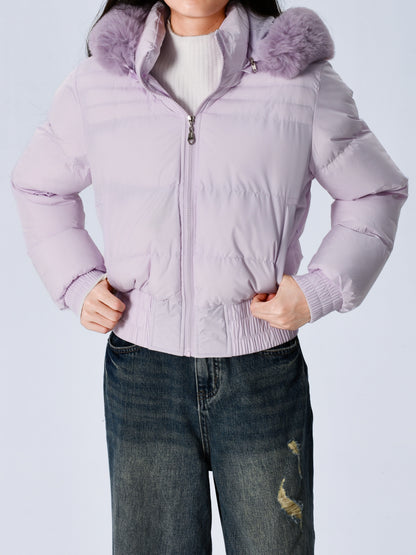 Elegant Polyester Padded Jacket for Women - 2024 Fashion Short Solid Color Coat with Thick Faux Fur Collar, Long Sleeves, Zipper Detail, Woven - Winter Warmth Casual Outerwear