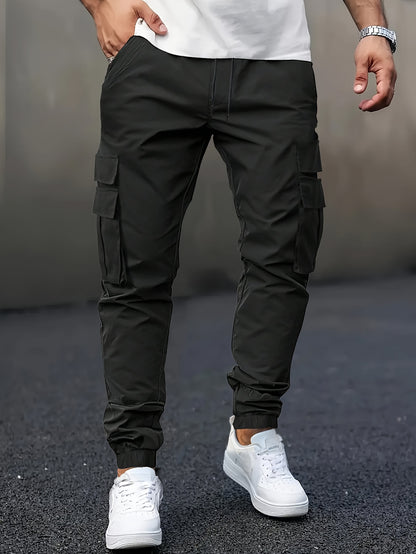 Men's Casual Solid Color Cargo Pants with Drawstring Waist