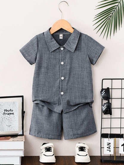 Boys' Summer Button-Up Shirt & Shorts Set - Casual Solid Color
