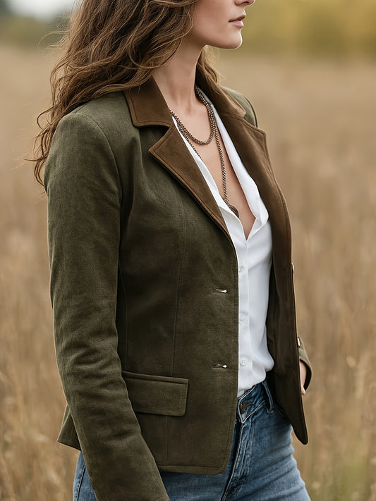 Women'S Vintage Olive Green Jacket - Structured Short Coat with Button Front Closure, Elegant Lapel Collar, Non-Stretch Fabric for Fall/Winter, Everyday & Formal Outfits - Women'S Outerwear Jacket, Winter Clothing, Classic De