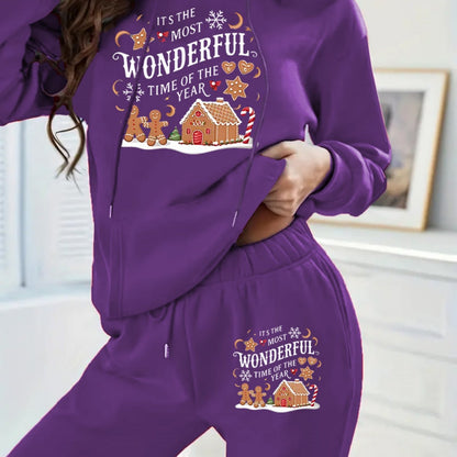Women'S Cozy Fleece Hoodie & Sweatpants Set - "It'S the Most Wonderful Time of the Year" with Gingerbread House & Christmas Tree Design, Warm Long Sleeve Pullover with Drawstring Waist, Perfect for Fall/Winter, Christmas Paja