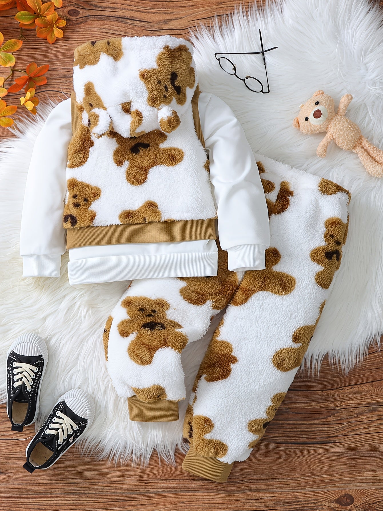 3pcs Boys' Cozy Fleece-Lined Hooded Zip-Up Jacket & Pants Set - Cute Bear Print, Long Sleeve, Warm Winter Outfit with Pockets, Casual Playwear for Toddlers & Youngsters, for Outdoor