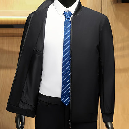 Men's Solid Burgundy (or other colors available) Slim-Fit Full-Length Zip-Up Jacket - Lightweight Business Casual Coat with Full-Length Zipper Closure, White Collar & Full-Length Zip Jacket for Office, Semi-Formal & Semi-Prof