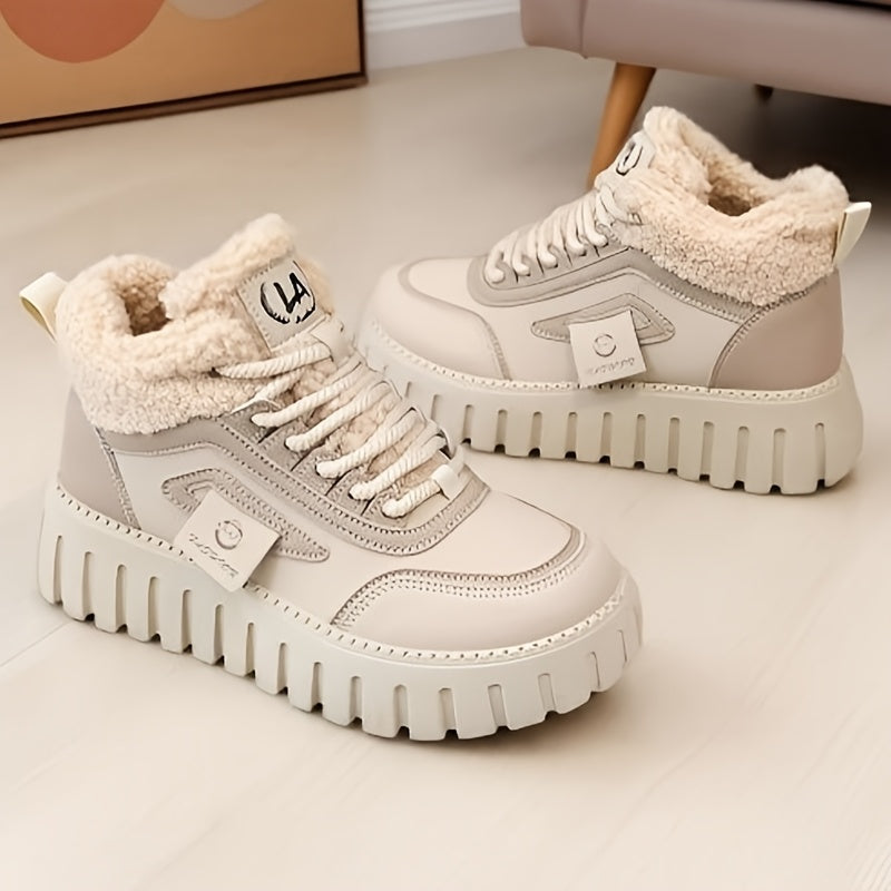 Women'S Winter Warm High-Top Sneakers - Breathable Synthetic, Plush Lined, Durable PVC Sole, Stylish Beige & White Design for Outdoor Casual Wear, Winter Sneakers | Stylish Winter Shoes | Durable PVC Sole, Women Winter Shoes,