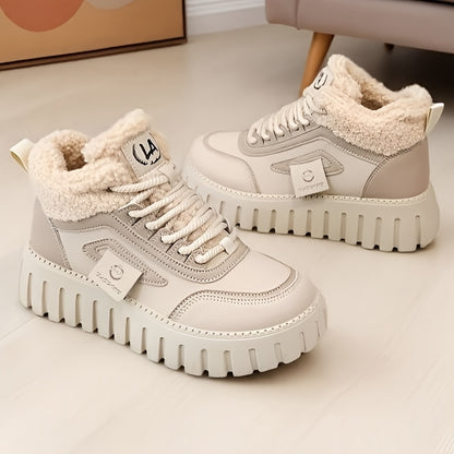 Women'S Winter Warm High-Top Sneakers - Breathable Synthetic, Plush Lined, Durable PVC Sole, Stylish Beige & White Design for Outdoor Casual Wear, Winter Sneakers | Stylish Winter Shoes | Durable PVC Sole, Women Winter Shoes,