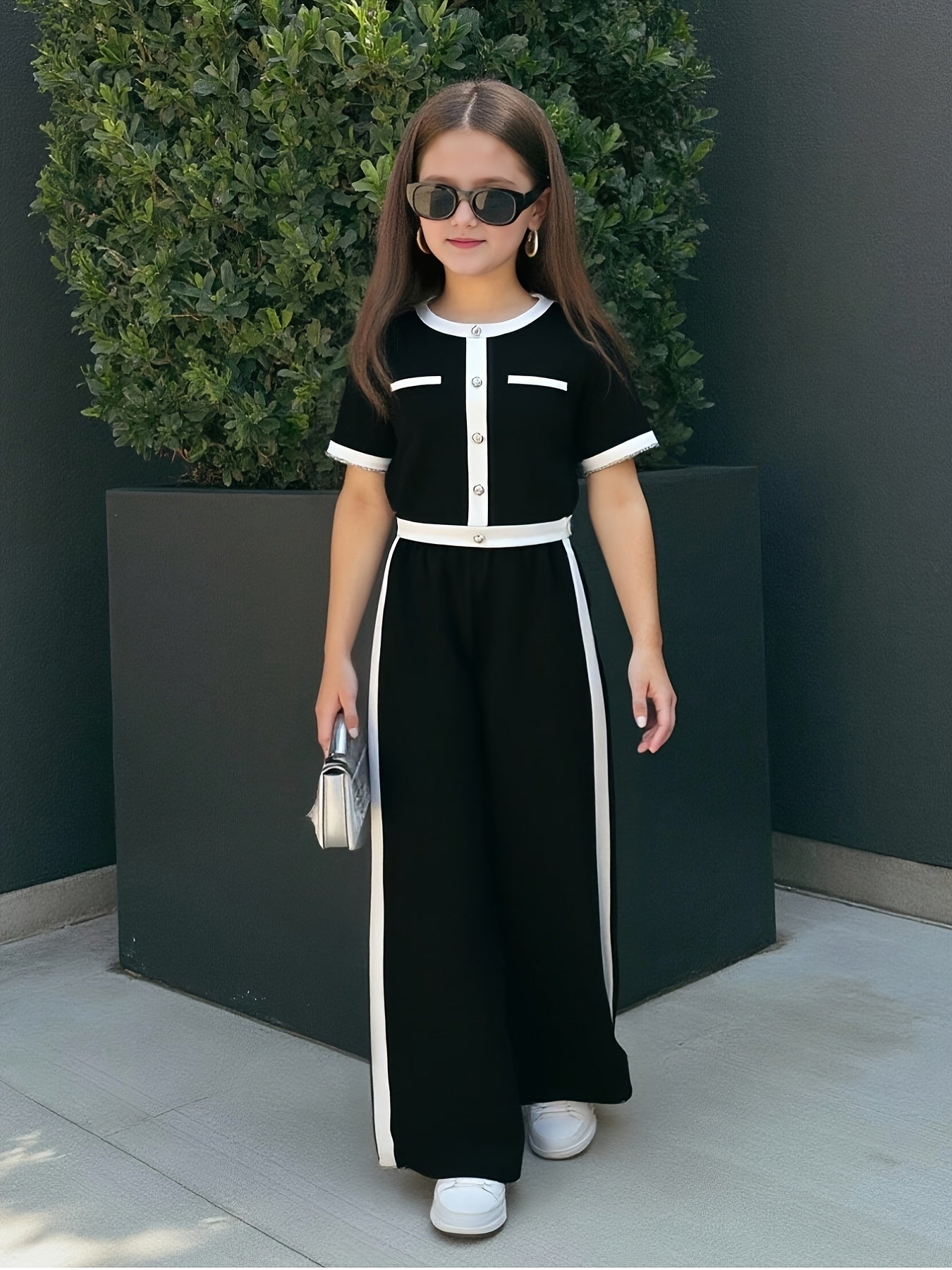 Girls Black & White Contrast Beaded Top with Straight-Leg Pants
