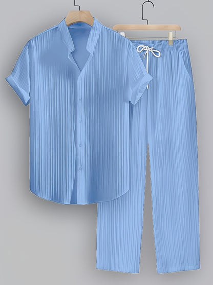 Men's Summer Casual Polyester Set with Stand Collar Shirt & Pants