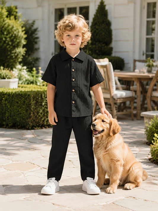 Boys' Casual Short-Sleeve Shirt and Trousers Set for Spring/Summer - ayq