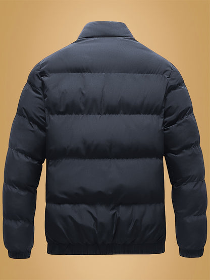 Men's Heavy-Duty Thermal Jacket - Winter Outerwear with Stand Collar & Full-Length Zipper Closure, Black/White Coat with Lettering - Machine Washable Cold Weather Jacket for Men (Casual & Formal) - Ideal for Skiing, Snowboard