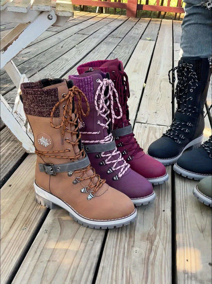 Women'S Comfortable Knitted Mid-Calf Winter Boots - Anti-Slip Side Zipper Lace-Up Design, Thick Sole, Fleece-Lined Retro Style in Black/Brown/Beige/Red/White for Casual Wear, Women Cowboy Boots, Women Winter Boots, Women Autu