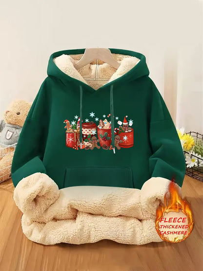 1pc Women's Thick-Lined Hooded Sweatshirt with Gingerbread for Man in Santa Hat & Candy Cane Print - Cozy Plush Lined, Soft Polyester Warm Pullover for Fall/Winter, Machine Washable Casual Outerwear, Cold Weather Wear, Minima