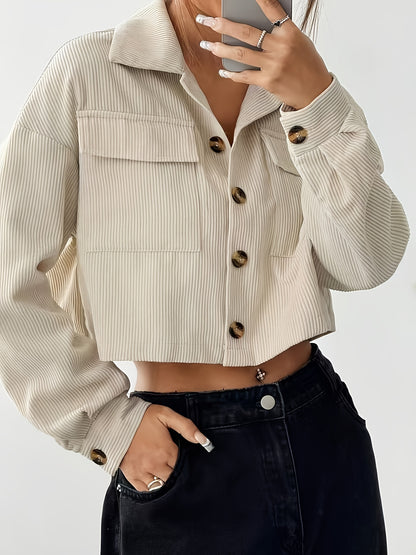 Women'S Chic Beige Bomber Jacket with Button Details - Casual Short Sleeve, Lapel Collar, Pockets, Perfect for Fall/Winter Outings, Casual Outerwear | Chic Bomber Jacket | Buttoned Jacket