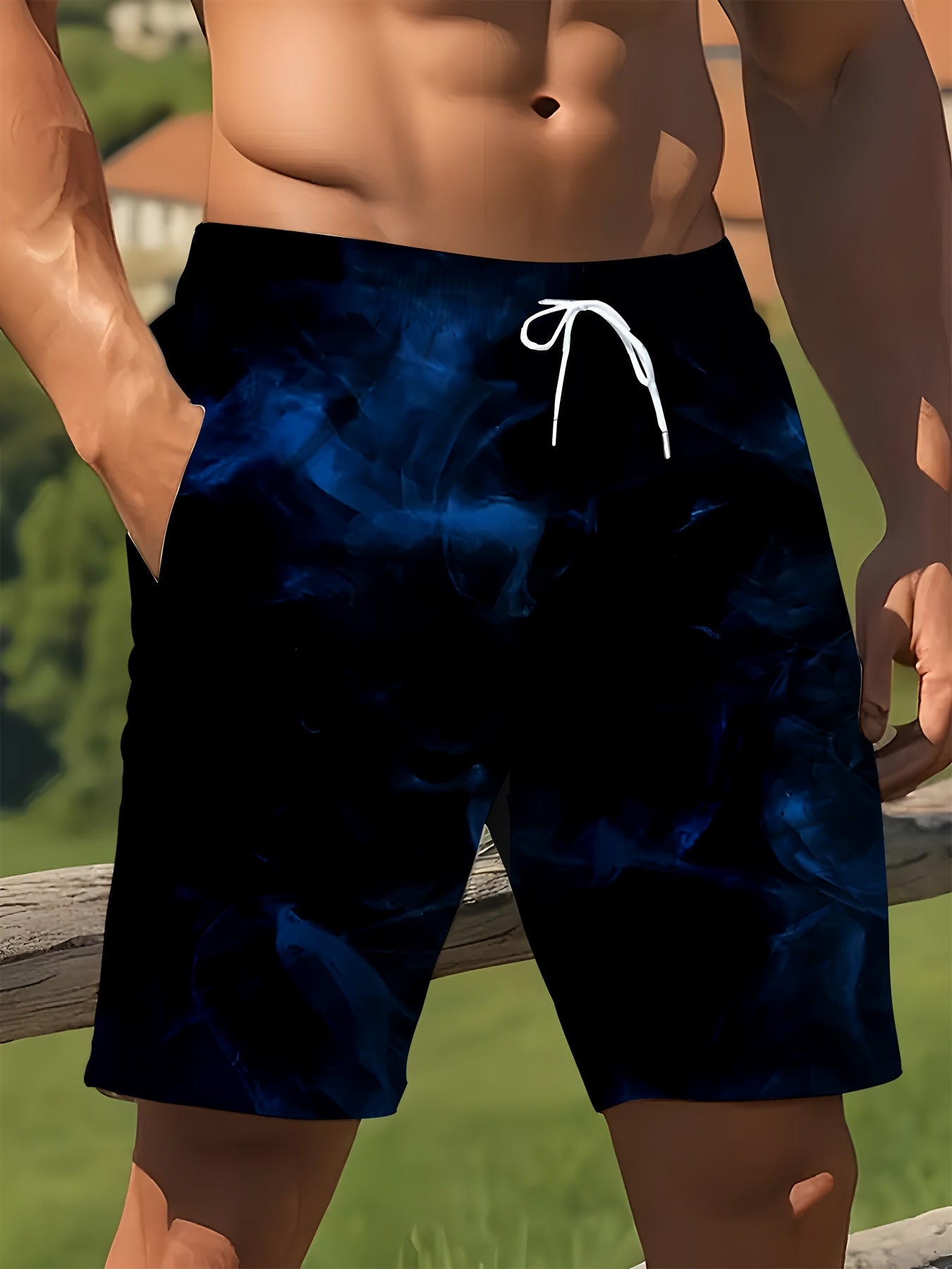 Men's Quick-Dry Blue Geometric Swim Shorts with Adjustable Waist
