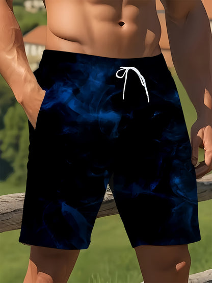 Men's Quick-Dry Blue Geometric Swim Shorts with Adjustable Waist