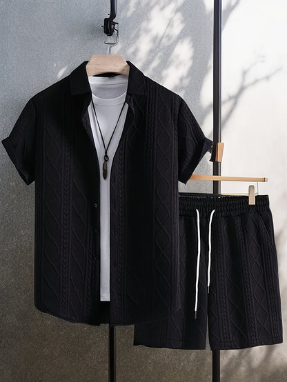 Men's Set Shirt Short Sleeve Shorts Thick Solid Color Knit Jacquard Casual Comfort High-Quality Two-Piece Set