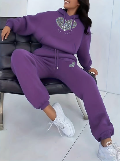 Ladies' Autumn-Winter Casual Hooded Sweatshirt and Pants Set with Shiny Heart Print | Comfortable Fleece-Like Feel, Drawstring Details