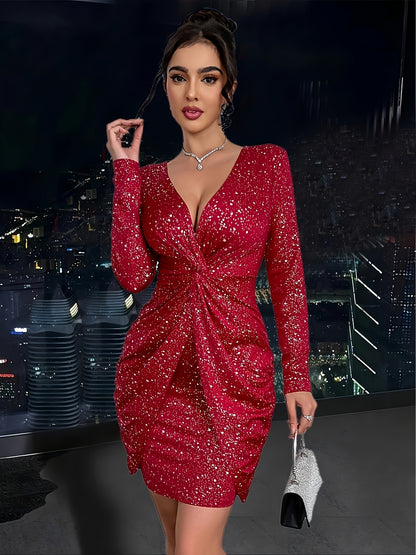 Women'S Elegant V-Neck Long Sleeve Dress with Twist Detail - Sparkling Party & Formal Dress, Stretchy Fitted Fabric, Flattering Bodycon Silhouette for Evening Events, Office, Wedding - Spring/Fall/Summer Fashion, Cute Dresses