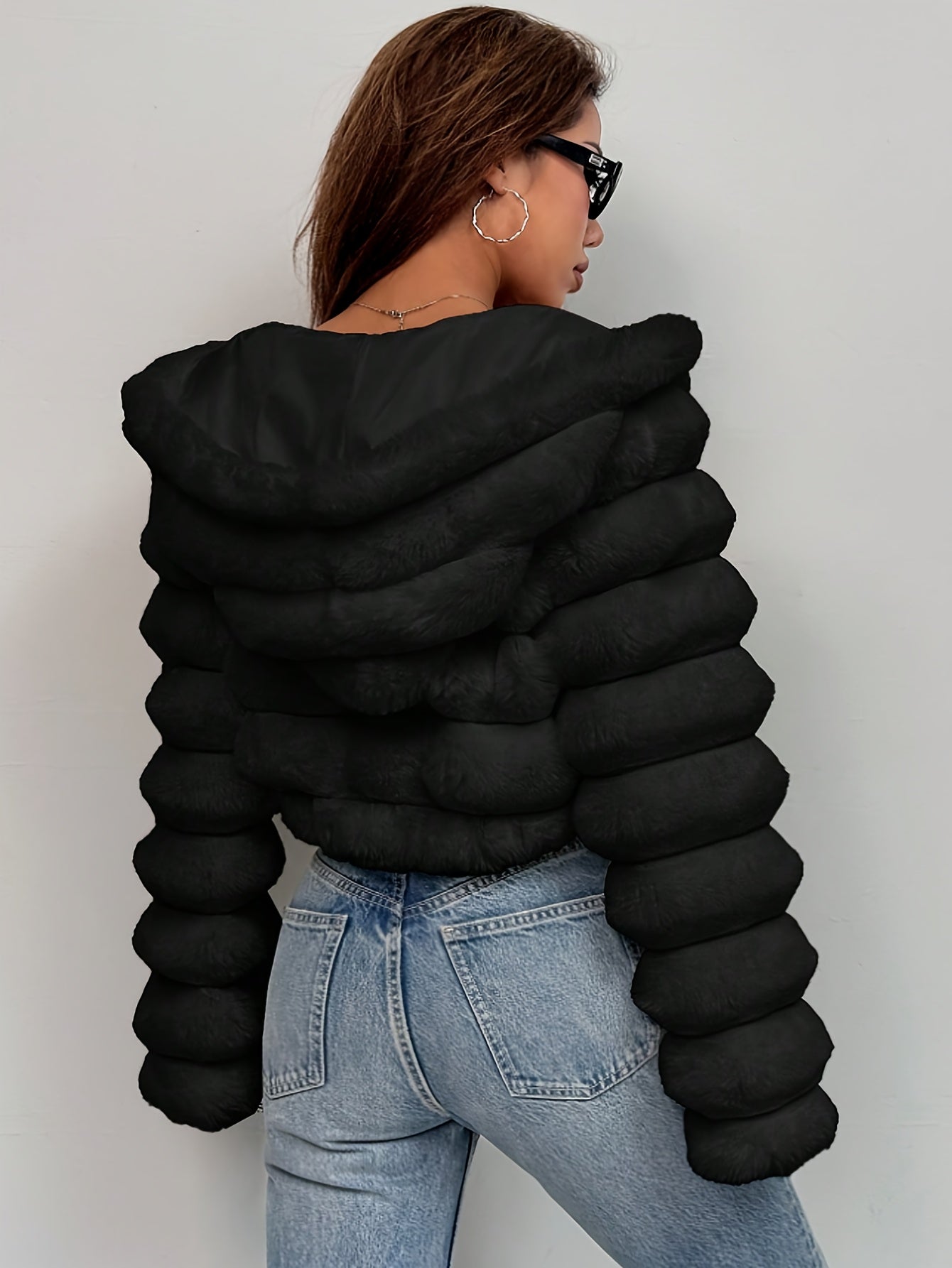 Women'S Elegant Black Faux Fur Hooded Jacket - Short Length Winter Coat with Zipper Closure, Long Sleeves, Solid Color, Casual Style for Fall/Winter, Winter Outerwear | Elegant Hooded Jacket | Zipper Closure Jacket