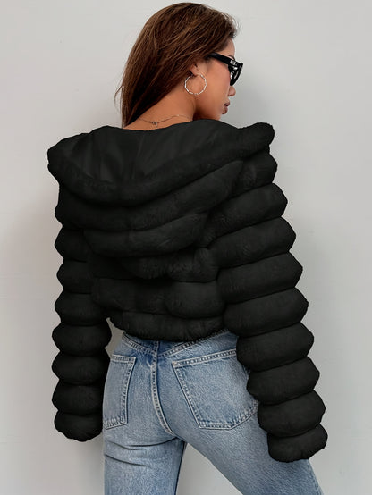 Women'S Elegant Black Faux Fur Hooded Jacket - Short Length Winter Coat with Zipper Closure, Long Sleeves, Solid Color, Casual Style for Fall/Winter, Winter Outerwear | Elegant Hooded Jacket | Zipper Closure Jacket