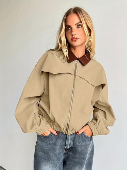 Women'S Lightweight Square Neck Jacket - Beige Casual Spring/Fall Jacket with Brown Trim, Long Sleeves, and Front Pockets for Stylish Layering, Lightweight Jacket