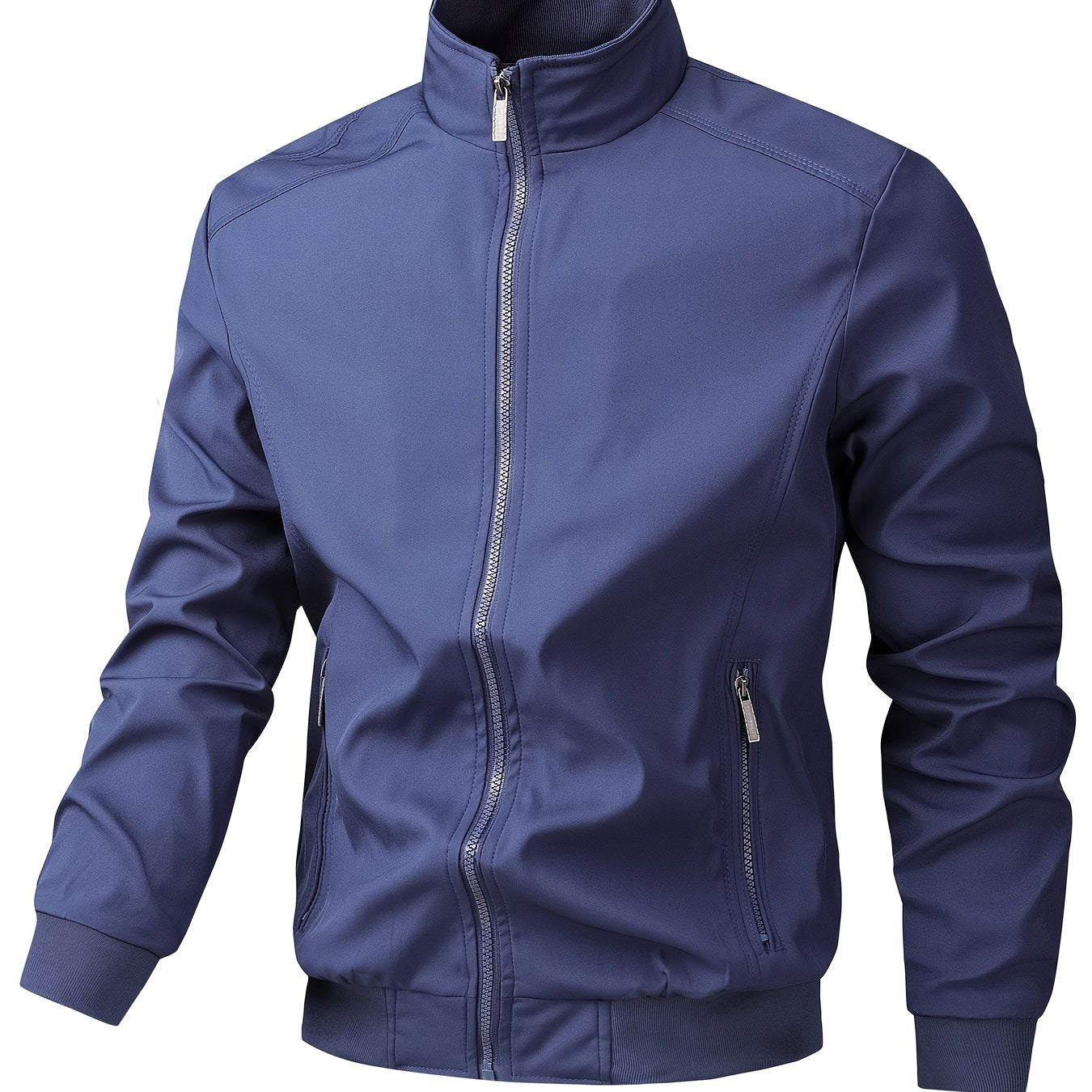 Men's Casual Royal Blue Bomber Jacket - Full Zip, Loose Fit, Polyester, Stand Collar, Long Sleeve, Lightweight & Durable for Spring and Fall, Casual Outerwear | Ribbed Cuff Sleeves | Durable Outerwear