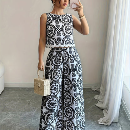 2pcs Women's Plant Pattern Round Neck Sleeveless Top and Pants Set